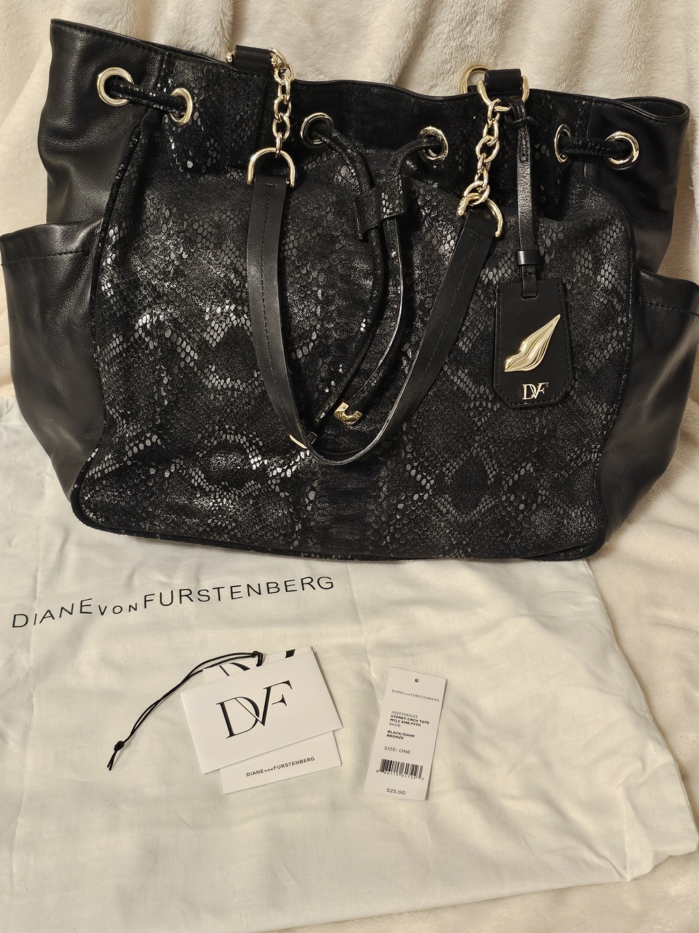 Diane von Furstenberg Black  Snake-Embossed Sydney Cinch Tote